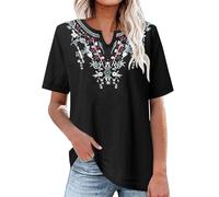 SRTUMEY Camisetas Rayas Mujer Camisa Bordada de Lino y algodón para Mujer, Cuello en V, Color sólido, Femenino, Suelto, Top de Manga Corta Camisetas Rockeras Mujer
