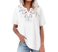 SRTUMEY Camisetas Rayas Mujer Camisa Bordada de Lino y algodón para Mujer, Cuello en V, Color sólido, Femenino, Suelto, Top de Manga Corta Camisetas Rockeras Mujer