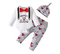 SRTUMEY Conjunto de 3 piezas para el día de San Valentín de 0 a 6 meses, para el día de San Valentín, recién nacidos, con letras y lazo, pantalones de dibujos animados con sombrero, conjunto de 3