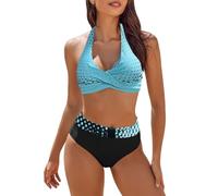 SRTUMEY Ladies Halterneck Beach Wear Two Bikini Sets For Women Ha Lter Wrap Up Swimsuits Color Block High Waisted Bathing Suit Retro Printed Swimwear Sale Comfy Swimwear