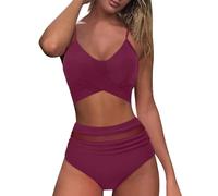 SRTUMEY Women's Bikini Sets High Waisted Swim Sporty Shorts Swimsuit Swimming Tops for Women Women's Summer Solid V Neck Cutout Paneled Bikini Set Sale Comfy Swimwear