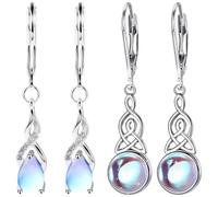 Srup 2 Par Pendientes de Luna, Pendientes Colgantes Plata 925 Para Mujer Niñas, Plata Esterlina Celta Irlandesa Piedra Lunar, Esterlina Lágrima Celta Irlandesa Pendientes gota, Pendientes Piedra Luna