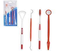 SRV Hub® Kit de cuidado dental de 4 piezas en color rojo, juego de herramientas de limpieza oral, pico dental, espejo dental, limpiador de lengua y cepillo de dientes, herramientas de eliminación de