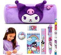 SRV Hub Kuromi - Estuche de peluche con juego de papelería de Hello Kitty, bolsa suave con cremallera morada con bolígrafo retráctil de 6 colores, kit de borrador y sacapuntas para niñas