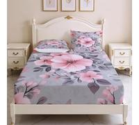 Ssabana Bajera 200x200 Flores Rosas Sabanas Bajeras Estampadas Gris Sábana Bajera Ajustable Suaves, Elastico Funda Colchon con 2 Funda Almohada 50x80 cm, para Colchón de 30cm de Altura