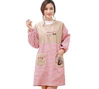 SSB Delantal de manga larga para mujer, con bolsillos, de algodón con mangas, delantal de cocina, delantal de pintura, impermeable, antimanchas, para cocinar, rojo, 95 x 103 cm