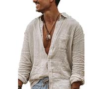 SSBZYES Camisas Hombre Manga Larga Algodón Lino Color Liso Cárdigan Botones Solapa Informal Sueltas