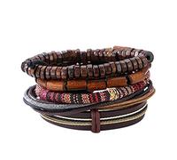 Ssguopte Pulsera de Cuero de múltiples Capas Popular con Perlas de Madera Natural Vintage Hippy Bangle Brained Braided Cuero Pulsera de Pulsera de Cuero para Hombre Mujer