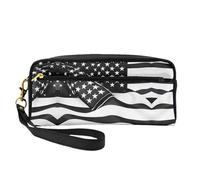 SSIMOO Bolsa de maquillaje de viaje con estampado de calavera de toro para guardar cosméticos y artículos esenciales de belleza, Bandera estadounidense en blanco y negro, Talla única