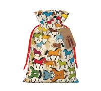 SSIMOO Bolsa de regalo de tela de arpillera con cordón, hecha a mano con coloridos caballos de dibujos animados, bolsa de regalo perfecta para Navidad y vacaciones