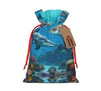 SSIMOO Dolphins Sea Turtle Shark Octopus Coral Reef Bolsa de regalo artesanal de arpillera con cordón, bolsa de regalo perfecta para Navidad y vacaciones