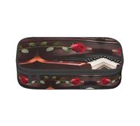 SSIMOO Estuche de tela Oxford con diseño de rosa roja sobre piano, organizador de papelería de gran capacidad, bolsa portátil con cremallera, Rosa roja en piano2, Talla única