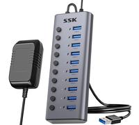 SSK 10Port Powered USB 3.0 Hub, Aluminio Divisor de Extensión USB con interruptores de alimentación Individuales y Leds, 5Gbps de Datos USB Hub de Carga con DC12V5A Adaptador y 3.93ft Cable Largo