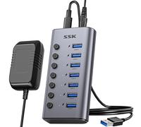 SSK 7-Port Powered USB 3.0 Hub, Aluminio Divisor de Extensión USB con interruptores de alimentación Individuales y Leds, 5Gbps de Datos USB Hub de Carga con DC12V3A Adaptador y 3.93ft Cable Largo