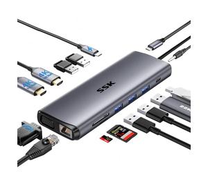 SSK Dual 4K HDMI to USB C Laptop Docking Station,14 in 1 USB C Hub Multiport Adapter mit 2 HDMI,VGA,RJ45 Ethernet,5 USBA,1 USB C 3.1 Data Port, SD/TF,PD3.0 para Thunderbolt MacBook Pro Dell HP
