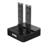 SSK M.2 NVMe SATA SSD Clonen Docking Station, 20 Gbps USB 3.2 Gen 2 x 2 discos duros, carcasa SSD Dual Bay M.2, adaptador USB para lector M-Key-/B+M-Key PCIe SSD con función de clonación offline