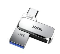 SSK Memoria USB C 64GB e hasta 240 MB/s, 2 en 1 Pendrive Tipo C y USB-A Flash Drive, Portátil Impermeable Dual Pen Drive para iPhone 15/16Pro/Win/Android Resistente al Agua, al Polvo y a Las caídas
