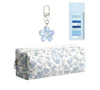 SSKHE 1 estuche para lápices de flores, 1 calcomanía de índice y 1 llavero de flores, juego de estuche azul bebé, bonita bolsa de capacidad, bolsa portátil para estudiantes.