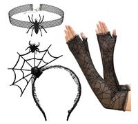 SSKHE 3 diademas de araña para mujer, Halloween, con collares y guantes, red de araña, diadema, collar de telaraña, guantes punk, disfraz para Halloween, cosplay, carnaval, fiesta