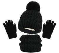 SSKHE - Bufanda de sombrero de invierno y conjunto de guantes, Pom Bobble Hat Knitted Warmth Crochet Thick Fluffy Scarf Two Fingers Touch Screen Gloves Set for Boys and Girls 2-8 (Black)