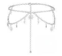SSKHE Cinturón de metal para mujer, doble capa, sol, luna, estrella, ajustable, multicapa, cadena de cintura de metal, cadena de pecho para pantalones, vestido, abrigo, plata, Talla única