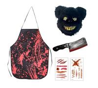 SSKHE Conjunto de disfraz de carnicero de oso de terror, trajes de Halloween para hombres y mujeres, incluye carnicero falso, delantal sangriento, tatuajes de cicatrices y máscara de oso negro