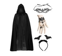 SSKHE Conjunto de disfraz de vampiro de 4 piezas para mujer, con capa negra de 120 cm, diadema con cuernos, máscara de ojos y pulsera, perfecto para Halloween, fiestas y cosplay