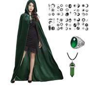 SSKHE Disfraz de bruja para mujer, capa con capucha de terciopelo verde, juego de vestido de Halloween con anillo esmeralda, collar gótico y 10 hojas de tatuajes temporales para fiestas de cosplay de