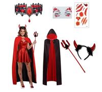 SSKHE Disfraz de diablo para mujer con capa para Carnival, Halloween Devil Cape Red Hooded Cape Headband Devil Horns Gothic Devil Chain Tattoo Devil Costume Accessory, Carnaval Fancy Dress Party Hola