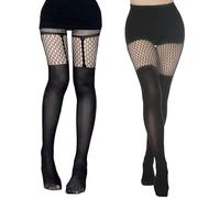 SSKHE Dos parejas Medias lisas y finas,Medias abiertas de baja elasticidad,Medias de encaje integradas en ligas,Calcetines transparentes Fishnet,Red baja Mallas de red de pescado Para las mujeres