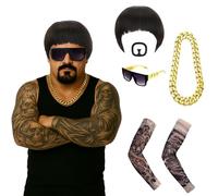 SSKHE Juego de disfraz Final Boss Meme, peluca corte cuenco, bigote cabra, lentes sol, cadena dorada, tatuaje manga, divertido disfraz Ibiza 90s festivales