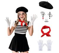 SSKHE Pantomime Costume Women Men Carnival Pantomime Costume Black Beret Hat Red Cloths White Gloves Face Tattoo Women Men Fancy Dress Costumes Carnival Tema Party