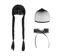 SSKHE Peluca de Miercoles Addams para Mujer y niña, Peluca Negra Trenzada para Cosplay, Accesorio de Disfraz para Halloween, Ideal para Fiesta o Disfraces temáticos