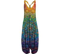 SSLLH Mono de verano para mujer, estilo bohemio, largo, estampado, holgado, para niña, mono de verano, azul, S