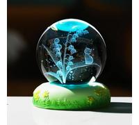 SSOPTMCB Crystal Ball Engraved with 3D Cat and Lily of The Valley Figurine with LED Colorful Base, Glass Sphere Collectible Ornament Gifts for Women Lovers,A-60mm Gemstone Stone