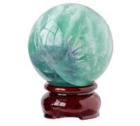 SSOPTMCB Crystal Decorative Ball Feather Fluorite Stone Polished Round Crystals with Wooden Stand Living Room Home Decor,6~7cm Gemstone Stone