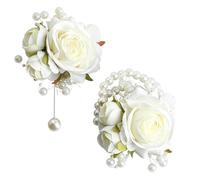 SSyang 2 Piezas Boda Boutonniere y Flor de Muñeca, Flor de muñeca,8*7 cm,ramillete,10,5*8cm,Rose Boutonniere, Novio Ramillete, Ramillete Para Boda, Mujer,Fiesta,Decoración de Traje de Fiesta(Blanco)