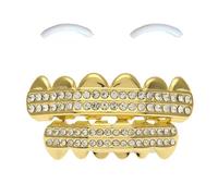 SSyang 8K Dientes de Hip Hop, Conjunto de Hip Hop, Dientes Dorados, Parrillas Dentales,para Hombres,Mujeres,Joyería del Cuerpo,Regalo de Fiesta de Cosplay de Halloween(Taladro de Doble Hilera,Dorado)