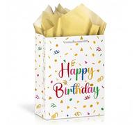 Ssyuysto Bolsa de regalo de cumpleaños de 13 pulgadas, color blanco, bolsas de regalo de feliz cumpleaños con etiqueta de regalo de papel de seda dorada, bolsa de regalo de fiesta con asas de cuerda