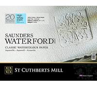 ST CUTHBERTS MILL Saunders Waterford, Papel de acuarela para bellas artes, Duro, 300gsm, Bloc pegado por los 4 lados, 16x12, Blanco, 20 hojas
