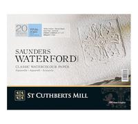 ST CUTHBERTS MILL Saunders Waterford, Papel de acuarela para bellas artes, Duro, 300gsm, Bloc pegado por los 4 lados, 12x9, Blanco, 20 hojas