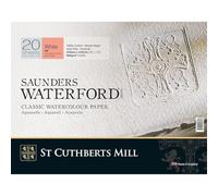 ST CUTHBERTS MILL Saunders Waterford, Papel de acuarela para bellas artes, Prensado en frío (NO), 300gsm, Bloc pegado por los 4 lados, 16x12, Blanco, 20 hojas