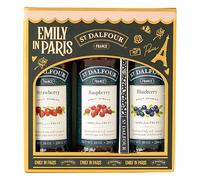 St. Dalfour Pack Regalo - Edición Emily in Paris - 100% fruta, sin azúcar añadido, sin gluten - 3x284g (Mango-Maracuyá/Albaricoque/Arándanos) con cuchara (Fresa, Frambuesa, Arándanos)