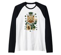 St Patrick's Day Cat Statue Lucky Clover Charm Adult Kids Camiseta Manga Raglan