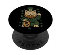St Patrick's Day Cat Statue Lucky Clover Charm Adult Kids PopSockets PopGrip Adhesivo