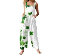 St Patricks Day Disfraz Mujer Peto Carnaval Verde Trébol con Bolsillos Pierna Ancha Mono Largo Casual Festivo Pantalones Tirantes Ligeros Baggy Romper Stomper, B07 Blanco, 6 1/2 HS