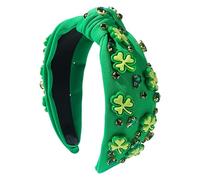St. Patrick's Day Knotted Headband, Green Shamrock Headband, Rhinestone Embellished Headband, Wide Top Headband for Women, Decorative St. Patrick's Day Accessory, Shamrock Headband for Women