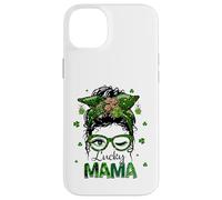 St Patrick's Day Leopard Lucky Mama Messy Bun Shamrock Green Carcasa para iPhone 14 Plus