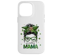 St Patrick's Day Leopard Lucky Mama Messy Bun Shamrock Green Carcasa para iPhone 14 Pro MAX