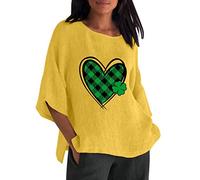 St Patricks Day Mujer 3 de 4 Mangas Cuello Redondo Estampado Suelto Camiseta Casual Túnica Blusa de Mezcla de Lino Traje de Verano Mujer, amarillo, M